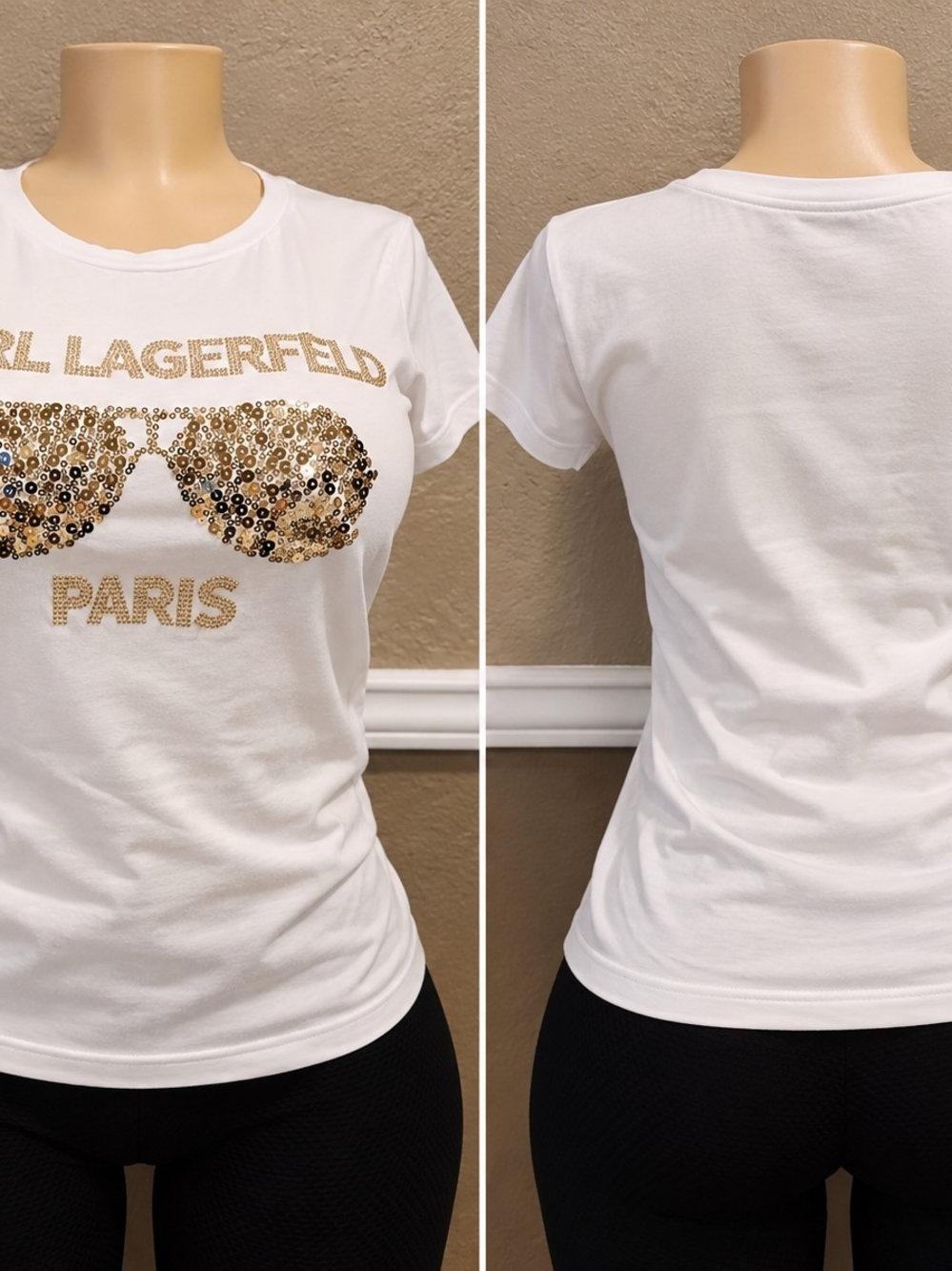 Karl Lagerfeld White Tee with Gold Sequin Sunglasses Graphic